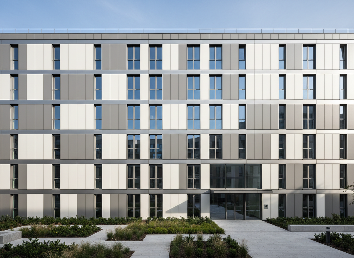 A modern, well-maintained apartment building exterior featuring neutral-toned facade panels, brushed steel accents, and large glass windows, emphasizing clean architectural lines. The building is set amidst perfectly manicured landscaping with low shrubs and contemporary paving stones. Natural daylight highlights the crisp structure, creating subtle reflections on the glass and muted shadows on the walls. Captured from a slightly elevated, wide-angle perspective, the scene conveys professionalism, order, and reliability. The aesthetic is photographic realism with a minimalist, corporate touch, ideally suited for a property management service demonstrating high standards and appeal.