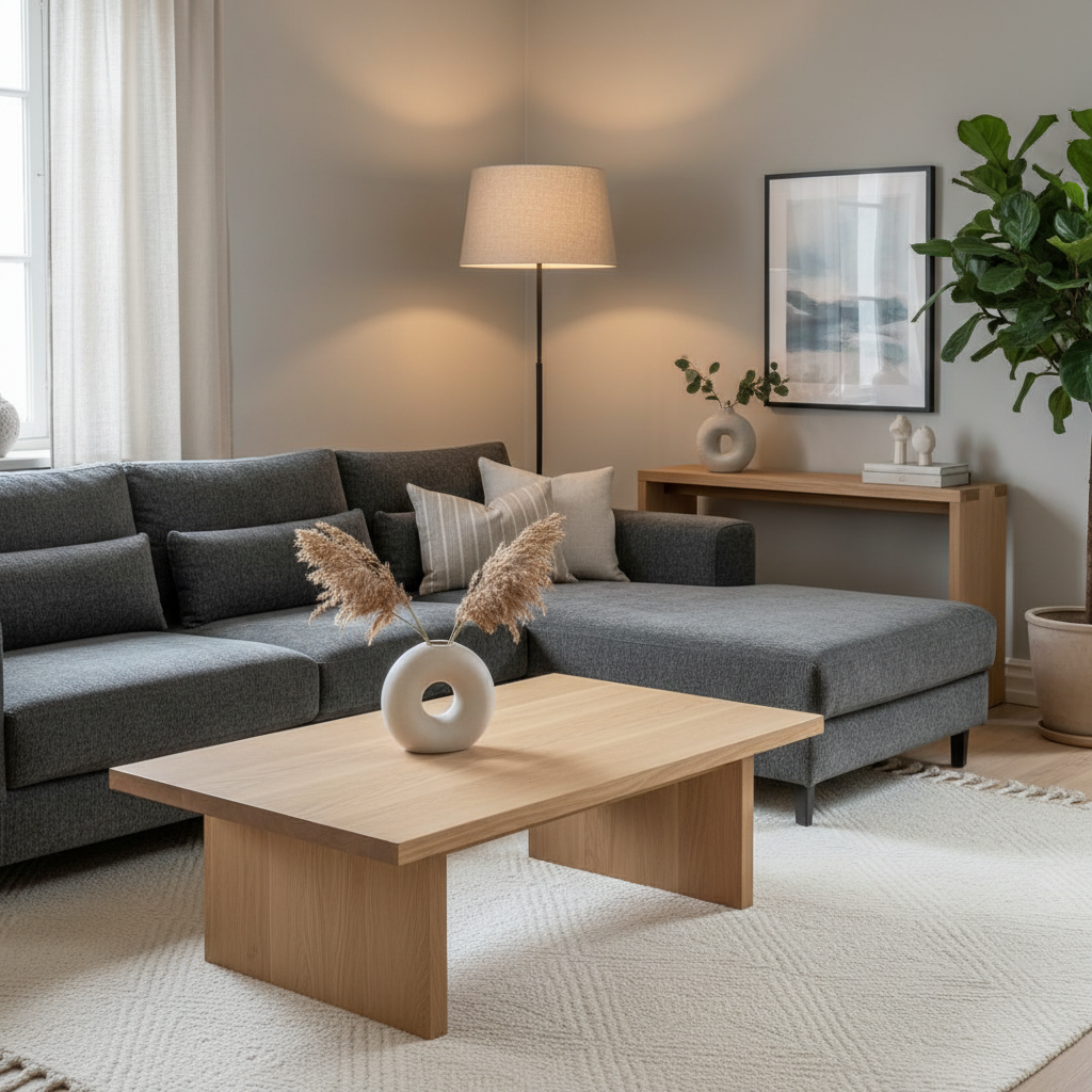 An elegantly staged living room corner showcasing a coordinated, contemporary furniture installation. Featuring a low-profile, charcoal-gray modular sofa in soft fabric, paired with a pale oak coffee table and textured neutral rug, the environment exudes modern sophistication. Accents of muted decor, such as a sculptural ceramic vase and understated throw cushion, are placed with precision. The space receives balanced, diffuse natural daylight from an off-frame window, with soft highlights bringing depth to the textures and materials. Photographed from a slightly diagonal, mid-range perspective using rule of thirds composition, the mood is calm, professional, and reassuring, aligning with premium property management standards.