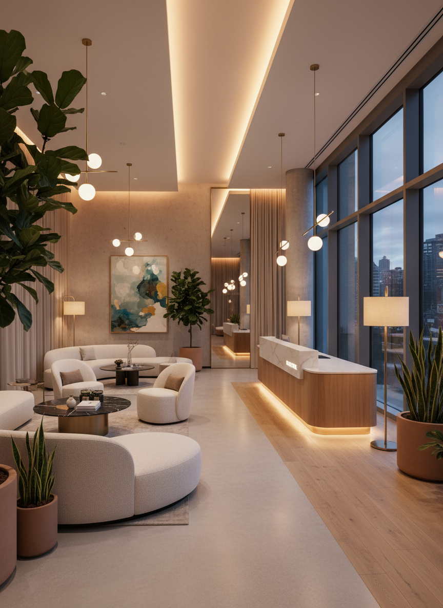 the inside of a modern apartment building reception area, with stylish seating, plants, and warm lighting