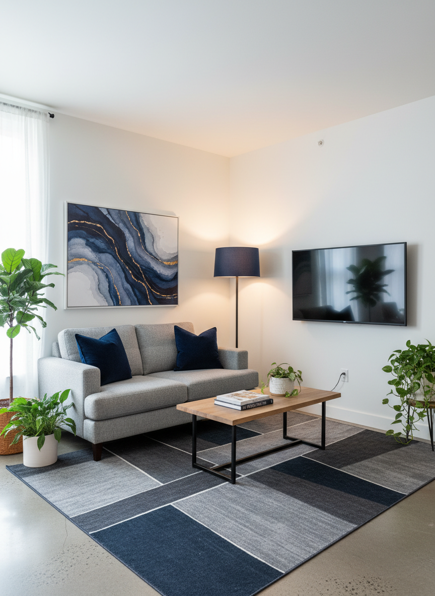 A small apartment furnished with a small two seater grey sofa, a wall mounted TV opposite the sofa with navy wall art hanging above the sofa. Navy cushions on the sofa, a grey and navy abstract rug, a modern coffee table, a standing floor lamp with a navy shade, and some plants around to give it a modern feel.