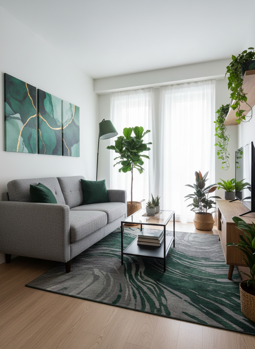A small apartment furnished with a small two-seater grey sofa, a wall mounted TV opposite the sofa, emerald green wall art hanging above the sofa, green cushions on the sofa, a grey and green abstract rug, a modern coffee table, a standing floor lamp with a green shade, and plants arranged around the space for a modern feel.