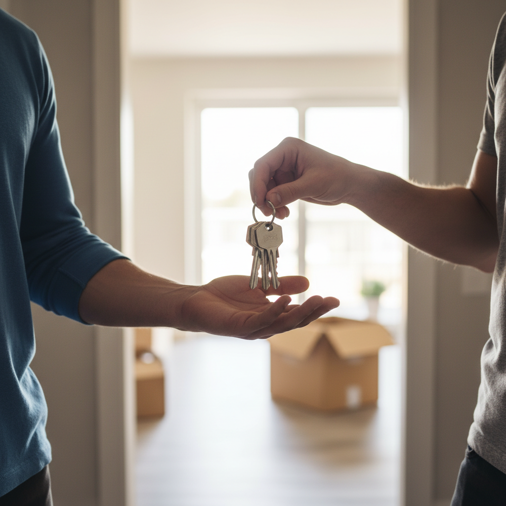 a set of apartment keys in someone's hand, being handed over to someone else. Zoomed in on the arms from the elbow down, illustrating the handing over of keys for moving in to an apartment.