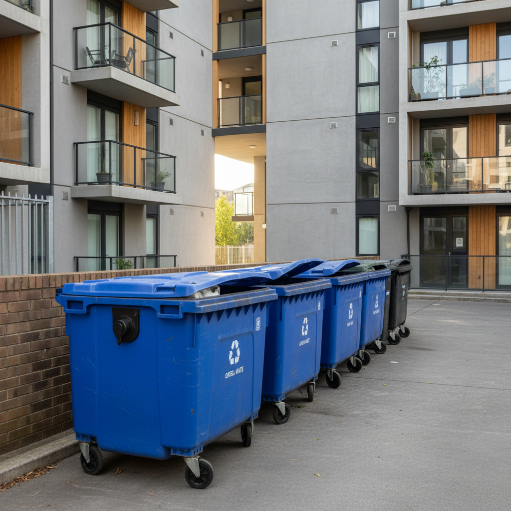 An image of commercial large dumpsters at the rear of a modern apartment block. The dumpsters are large blue industrial bins with grey lids. The scene should look clean and presentable but the bins appear lightly used. The modern apartment block should be visible in the background.