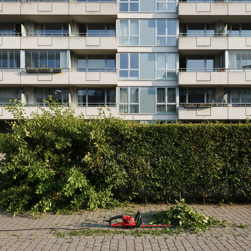 hedges in front of a modern apartment block; the hedges look half done with one side grown and the other neatly trimmed; a hedge trimmer is on the floor in front with some leaves and branches on the side that is freshly cut