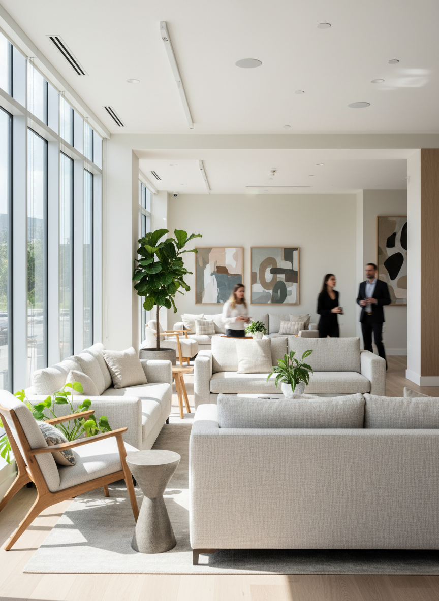 Modern apartment building interior with natural light, neutral tones, plants and artwork. People softly blurred in the background for a professional and welcoming atmosphere, realistic photography style.