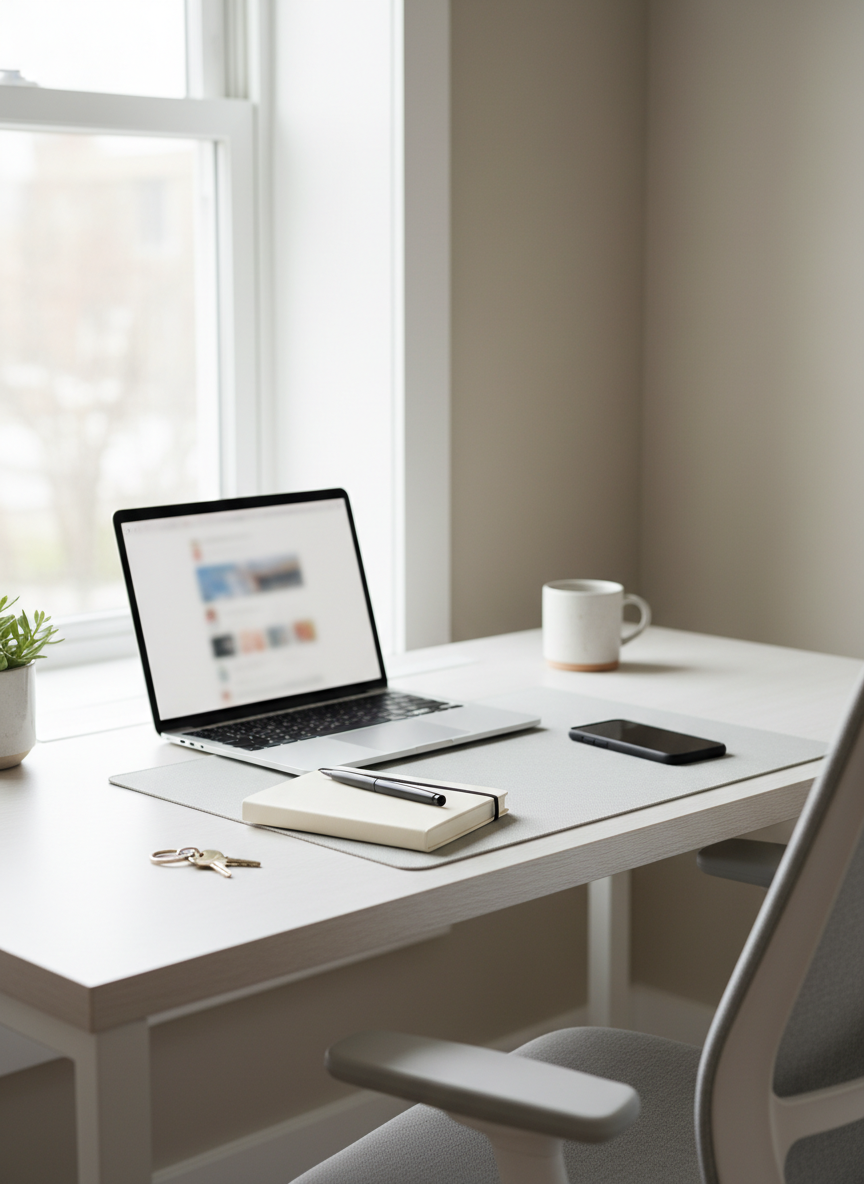 Bright, modern workspace with a laptop, phone, notebook and keys on a clean desk, soft natural light, neutral colours, professional and welcoming atmosphere, realistic photography style