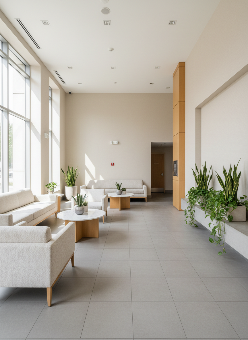 Well-maintained residential building communal area, clean and professional, neutral tones with subtle greenery, calm and trustworthy atmosphere, realistic photography, natural daylight, no people or text or signage in the photo.